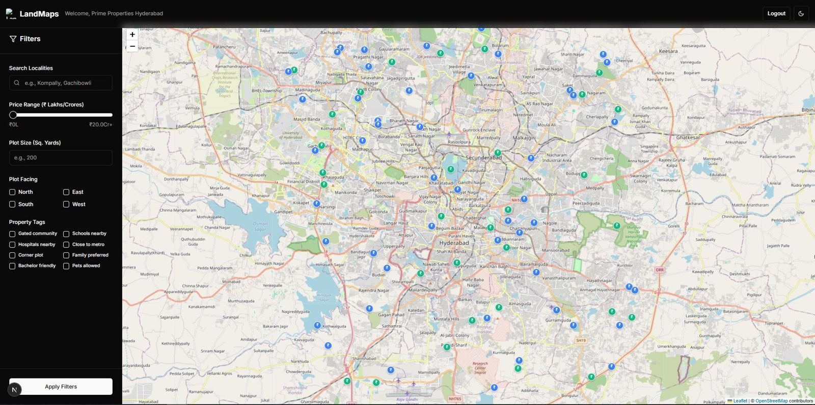 LandMaps map search interface showing plots across Hyderabad with filters for price, plot size, facing, and tags